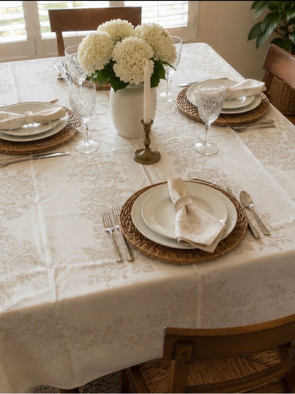 Vintage Made in Japan Ivory Floral Damask Tablecloth 57x86 Mid Century